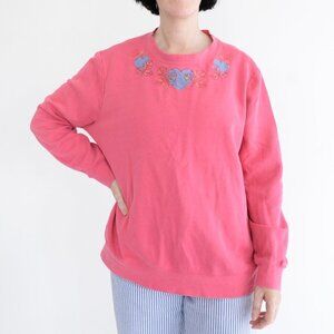 Vintage Basic Editions Pink with Blue Hearts Crewneck Sweater XL Grandmacore